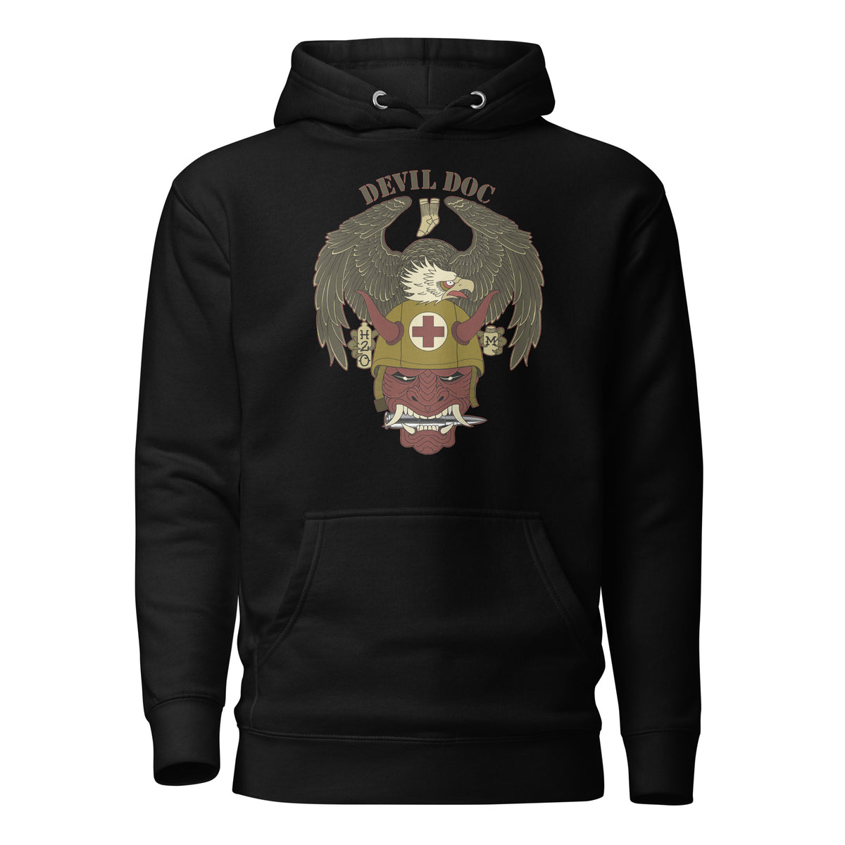DevilDoc unisex hoodie in black, front